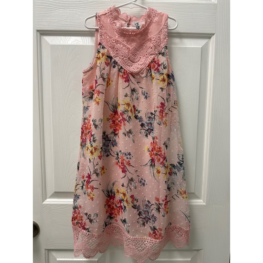 Beautees Girls Pink Floral Swiss Dot Lace Trim Dress Size 10 NT001